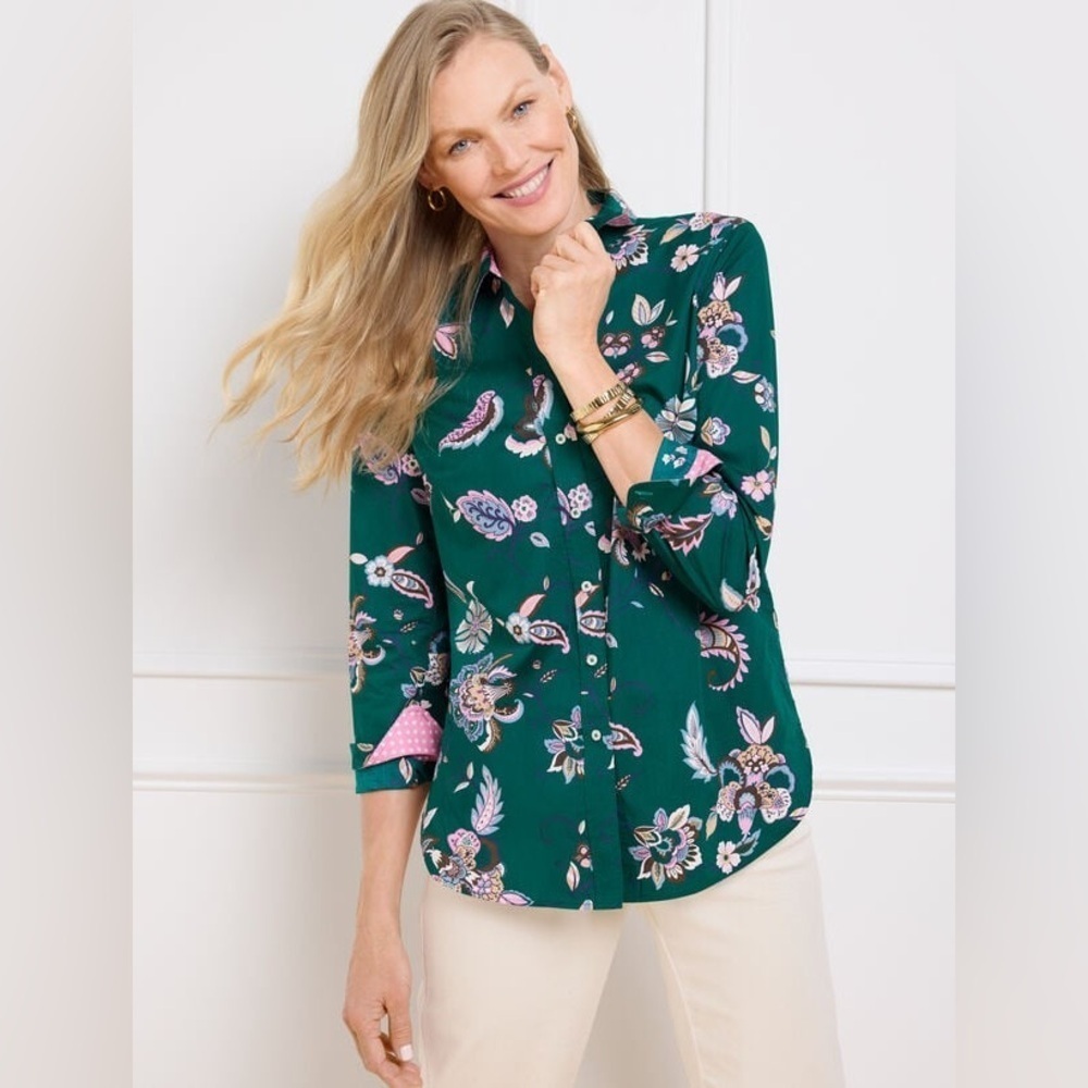 Talbots Women’s Size XLP Modern Classic Button Up Shirt Green Ornate Jacobean